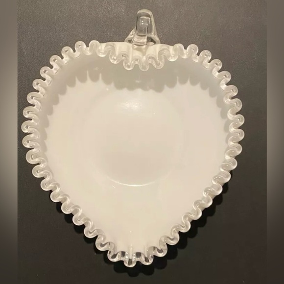 Vintage Fenton Heart Ruffle Silver Crest Milk Glass Candy Dish Bowl with Handle - Picture 2 of 4